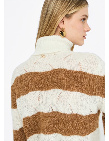 MF5419.MA58P WH Jersey mujer de cuello alto LIU JO de rayas anchas.