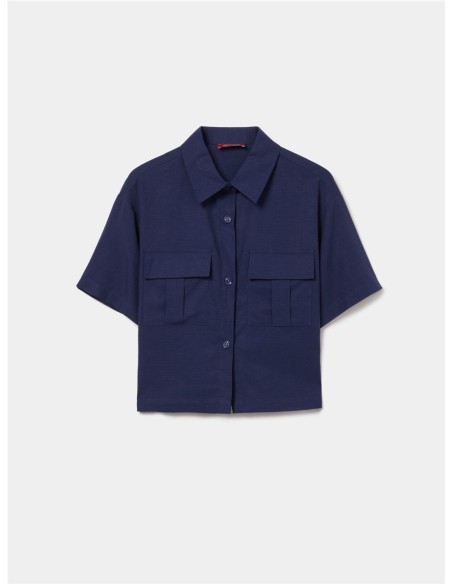 CAMISA MC LINO 2 BOLSOS TAPETA AZUL MARINO