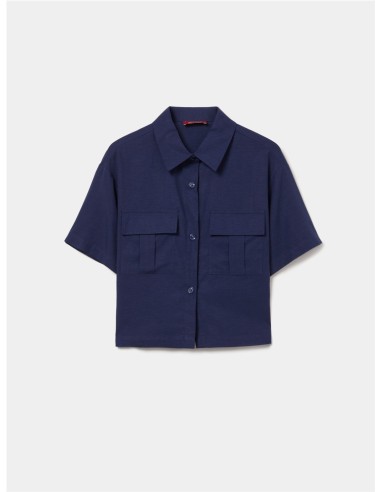 CAMISA MC LINO 2 BOLSOS TAPETA AZUL MARINO