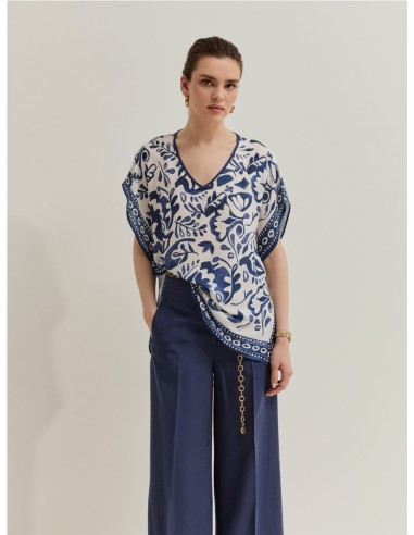 CAMISA PONCHO ESTAMPADO HOJAS AZUL