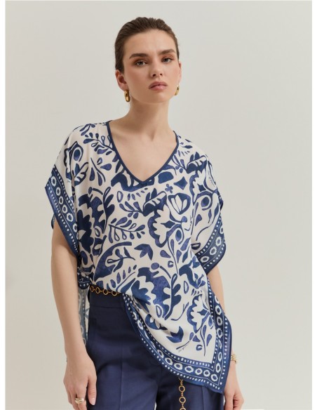 CAMISA PONCHO ESTAMPADO HOJAS AZUL