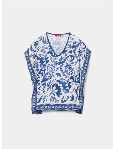 CAMISA PONCHO ESTAMPADO HOJAS AZUL