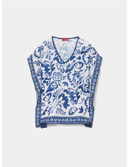 CAMISA PONCHO ESTAMPADO HOJAS AZUL