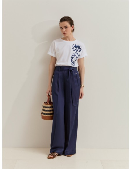 CAMISETA AMPLIA FLOR BORD.LATE BLANCO Y AZUL