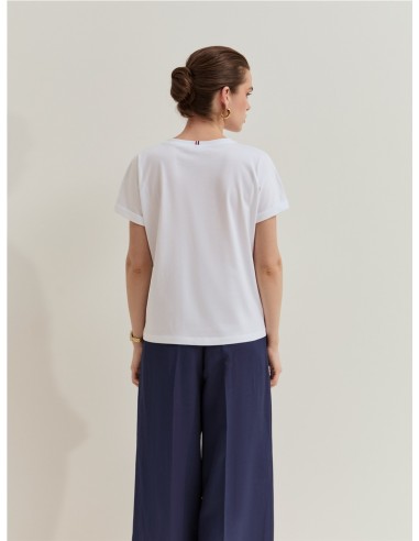 CAMISETA AMPLIA FLOR BORD.LATE BLANCO Y AZUL