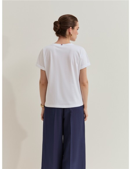 CAMISETA AMPLIA FLOR BORD.LATE BLANCO Y AZUL