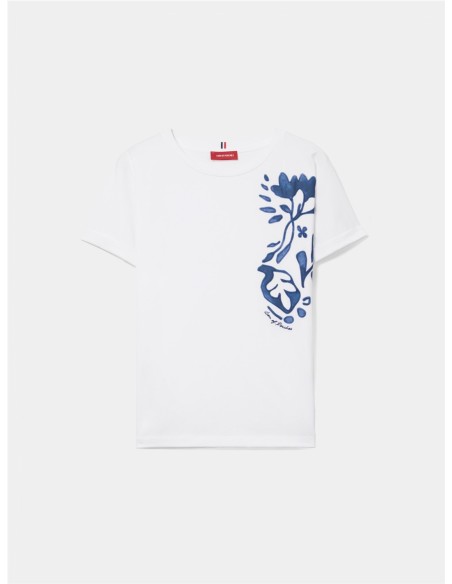 CAMISETA AMPLIA FLOR BORD.LATE BLANCO Y AZUL