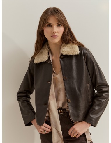 LP008176 Cazadora piel de mujer con cuello desmontable LION OF PORCHES